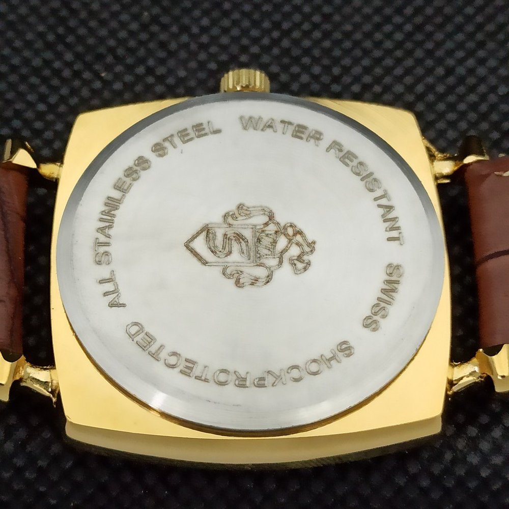 Vintage 1969 Henri Sandoz Mens Gold Watch W/Leather Strap & White Face Brown Acn - Picture 8 of 9